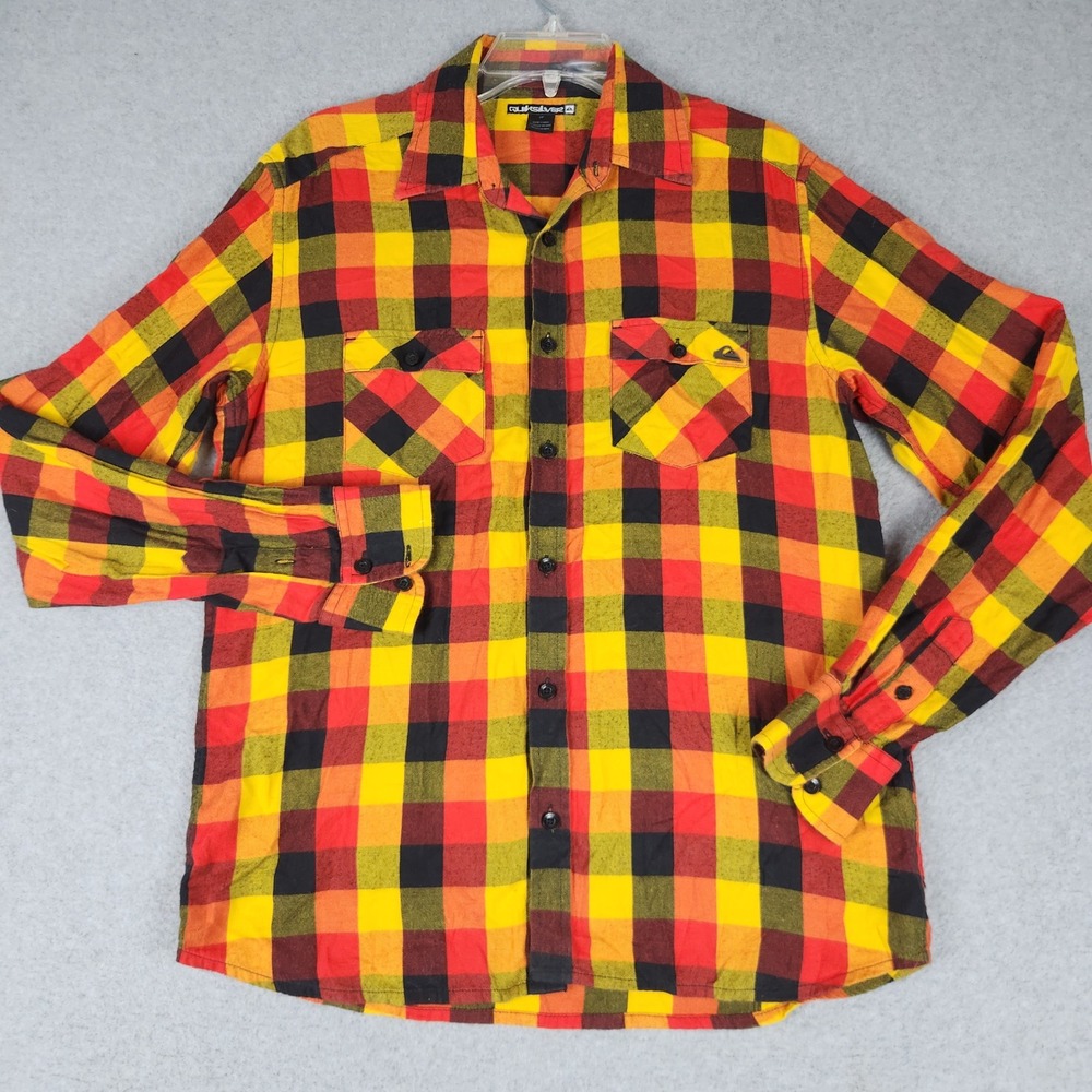 Quiksilver Flannel Shirt Men Small Red Yellow Plaid Cotton Flap Pocket Button Up